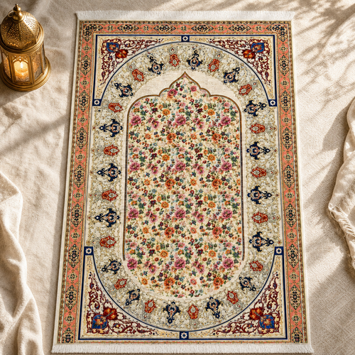 Gülbahçe Mihrab Krem Seccade | Dijital Baskılı Çiçekli Namaz Halısı