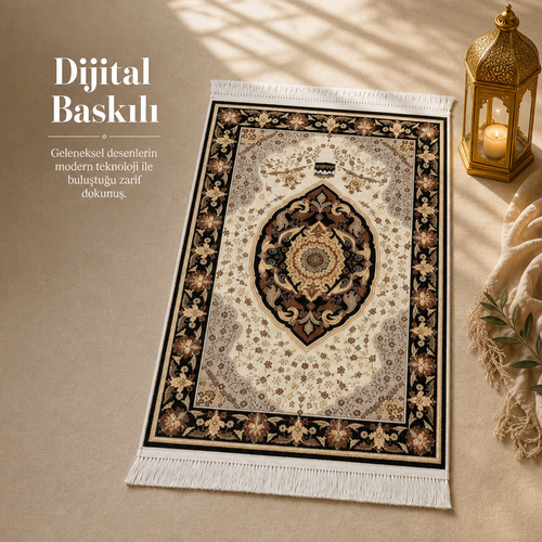 Kâbe Motifli Madalyon Krem Seccade | Dijital Baskılı Klasik Namaz Halısı
