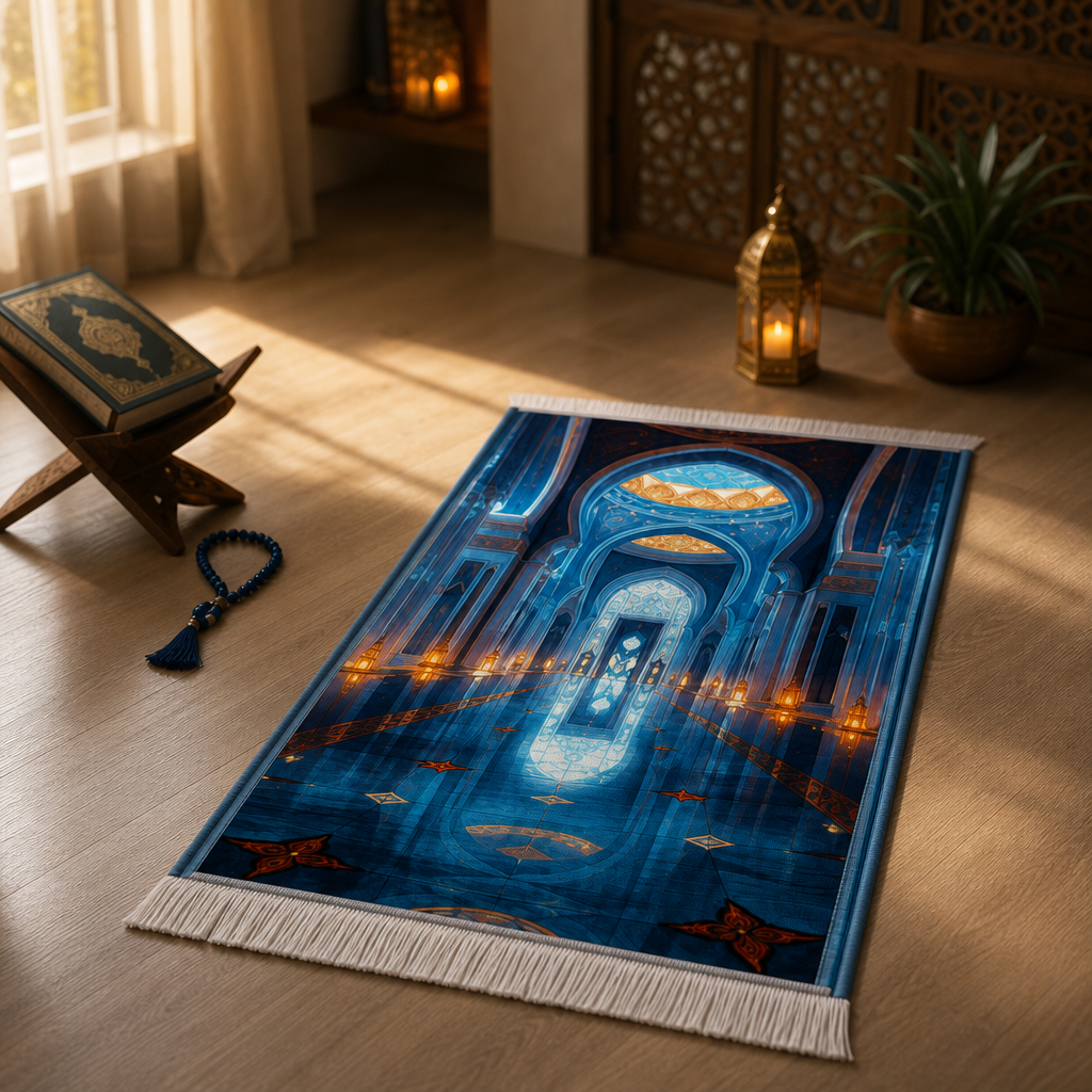 Nur Yolu Mavi 3D Seccade | Dijital Baskılı Lüks Namaz Halısı