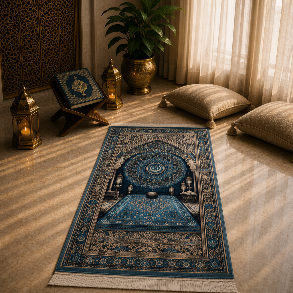 Hilal Mihrab Mavi 3D Seccade | Dijital Baskılı Lüks Namaz Halısı