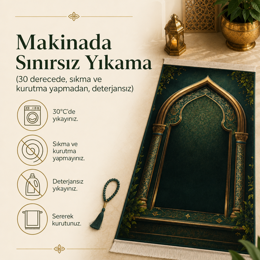 Cennet Bahçesi Mihrab Yeşil Seccade | Lüks Kadife Namaz Halısı