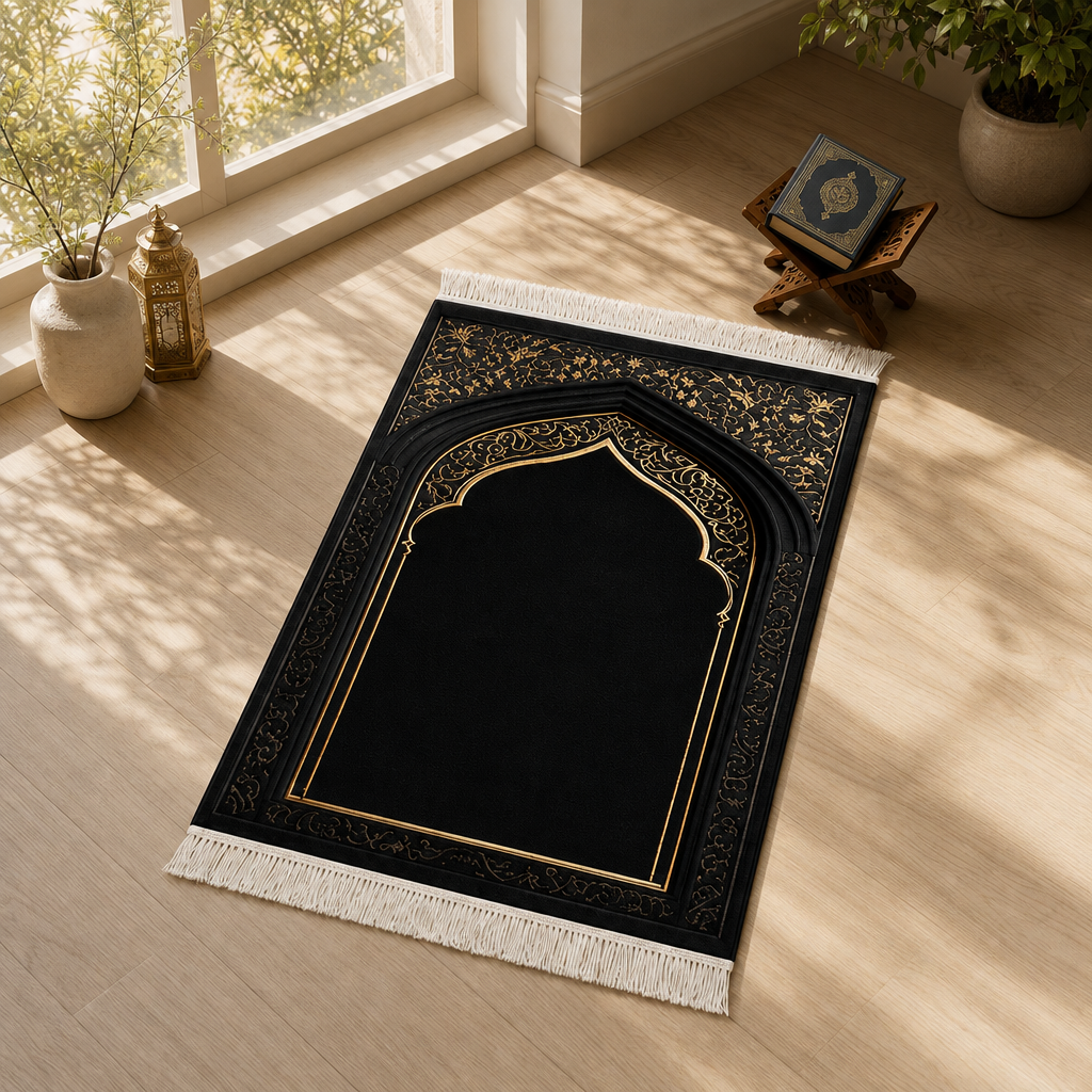 Vakar Mihrab Siyah Seccade | Lüks Kadife Namaz Halısı