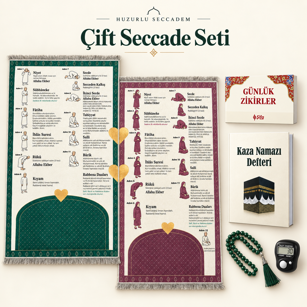 Namaz Kılmayı Öğreten Çift Seccadesi Set (70x120)