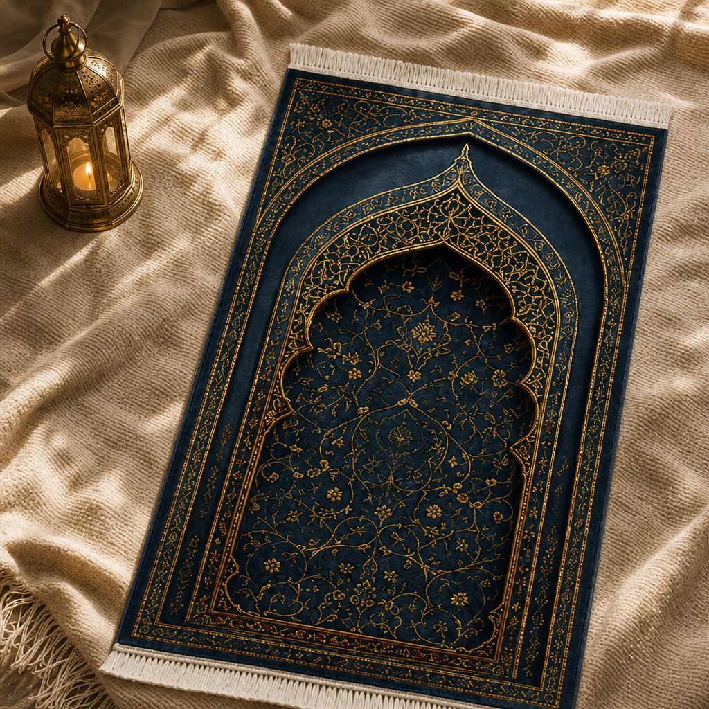 Hatai Mihrab Lacivert Seccade | Lüks Kadife Namaz Halısı