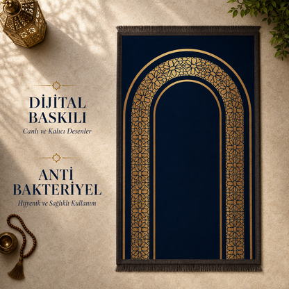 Altın Mihrab Lacivert Seccade | Dijital Baskılı Namaz Halısı