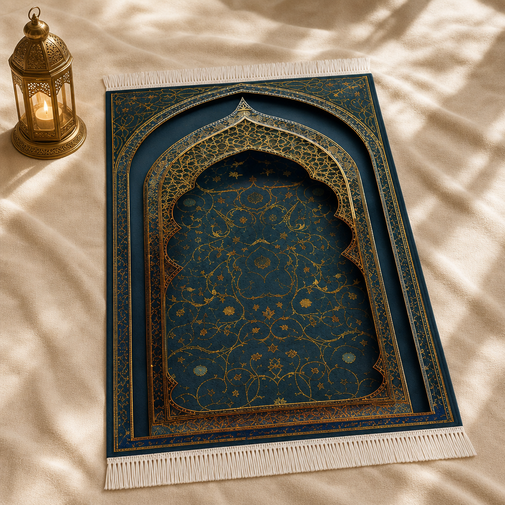 Sırma Mihrab Petrol Mavisi Seccade | Lüks Kadife Namaz Halısı