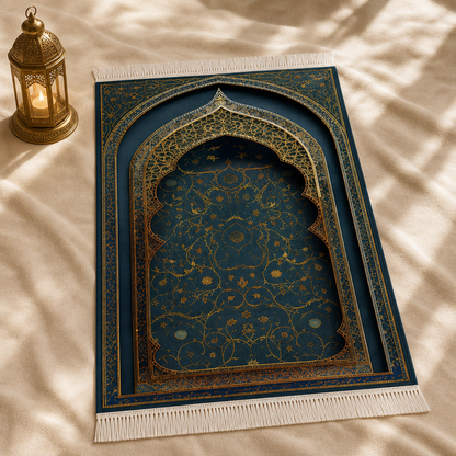 Sırma Mihrab Petrol Mavisi Seccade | Lüks Kadife Namaz Halısı