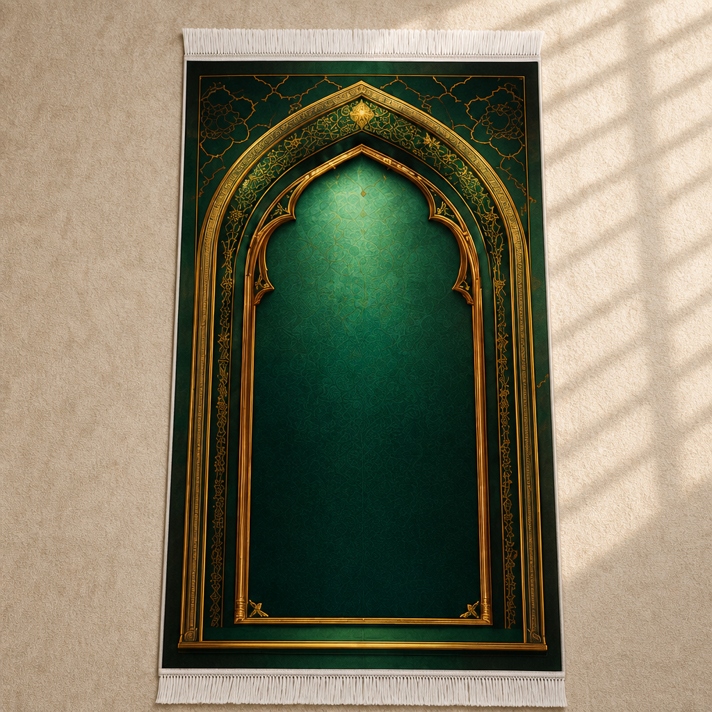 Zümrüt Kemer Mihrab Yeşil Seccade | Lüks Kadife Namaz Halısı