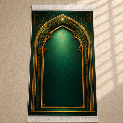 Zümrüt Kemer Mihrab Yeşil Seccade | Lüks Kadife Namaz Halısı