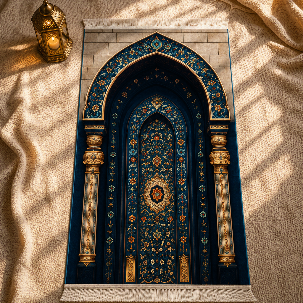 Yıldız Mihrab Lacivert 3D Seccade | Dijital Baskılı Namaz Halısı