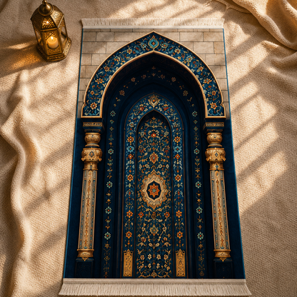 Yıldız Mihrab Lacivert 3D Seccade | Dijital Baskılı Namaz Halısı