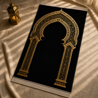 Dantel Mihrab Siyah Seccade | Lüks Kadife Namaz Halısı