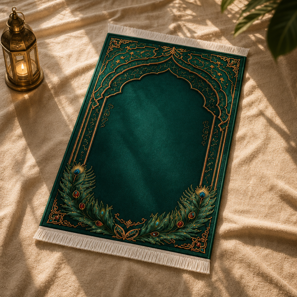 Tavus Mihrab Yeşil Seccade | Lüks Kadife Namaz Halısı