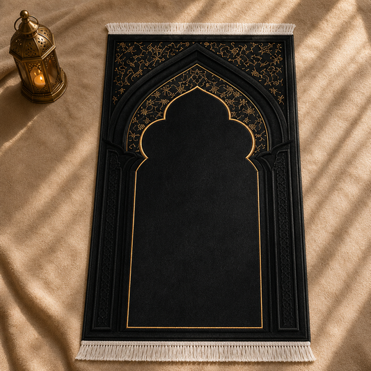 Onyx Mihrab Siyah Seccade | Lüks Kadife Namaz Halısı