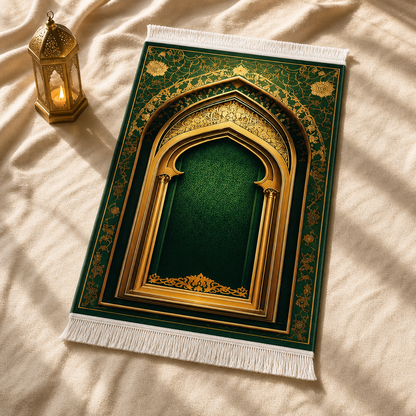 Firdevs Mihrab Yeşil Seccade | Lüks Kadife Namaz Halısı