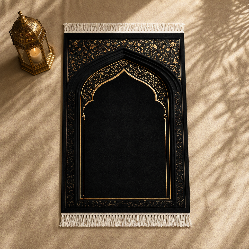Vakar Mihrab Siyah Seccade | Lüks Kadife Namaz Halısı