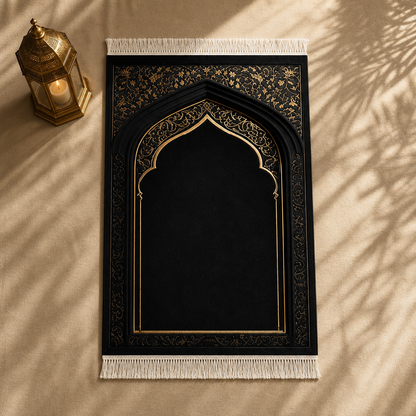 Vakar Mihrab Siyah Seccade | Lüks Kadife Namaz Halısı