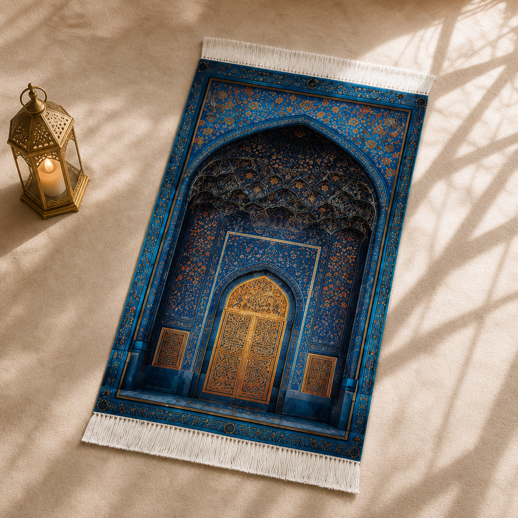 Çini Mihrab Mavi 3D Seccade | Dijital Baskılı Lüks Namaz Halısı