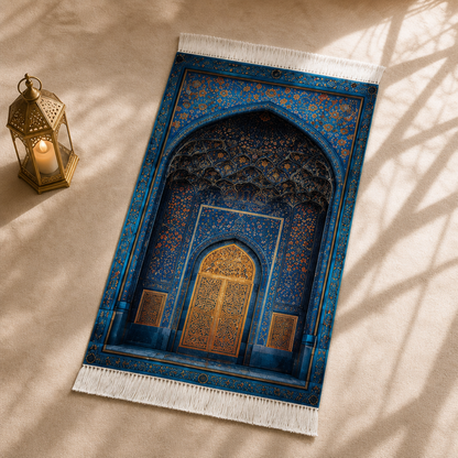 Çini Mihrab Mavi 3D Seccade | Dijital Baskılı Lüks Namaz Halısı