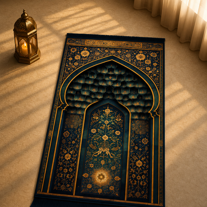 Mukarnas Mihrab Lacivert Seccade | Lüks Kadife Namaz Halısı
