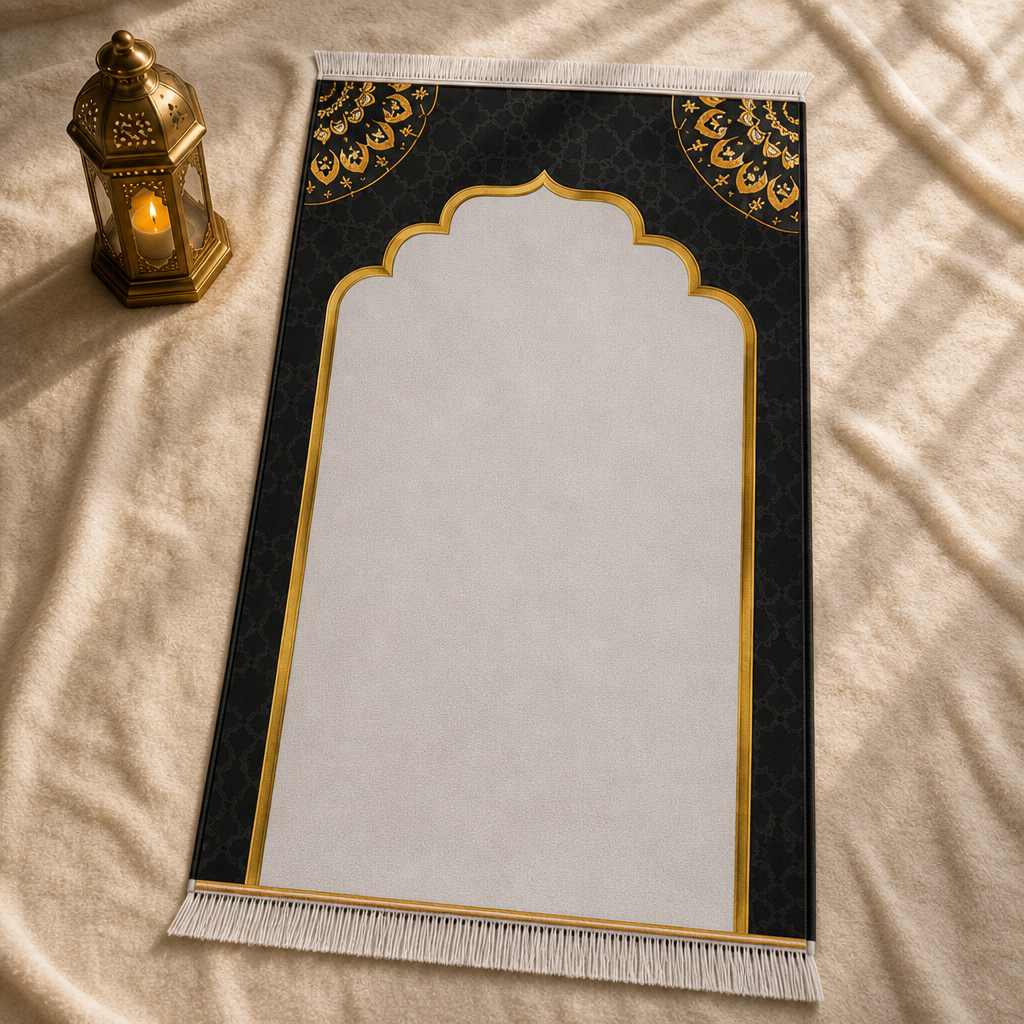 İnci Mihrab Siyah Seccade | Lüks Kadife Namaz Halısı
