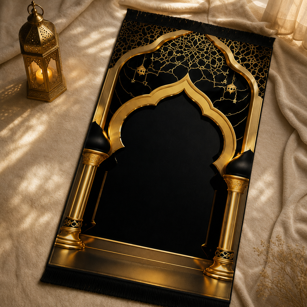 Altın Sütun Mihrab Siyah Seccade | Lüks Kadife Namaz Halısı