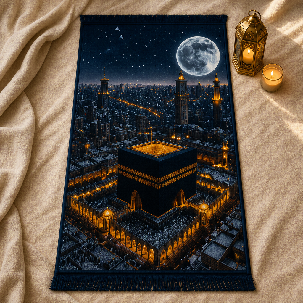Kâbe Mehtap Manzaralı 3D Seccade | Dijital Baskılı Namaz Halısı