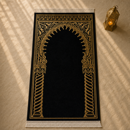 Burma Sütun Mihrab Siyah Seccade | Lüks Kadife Namaz Halısı