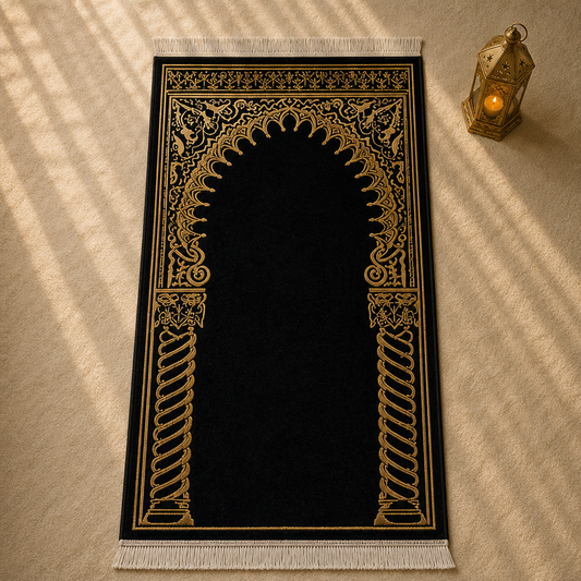 Burma Sütun Mihrab Siyah Seccade | Lüks Kadife Namaz Halısı