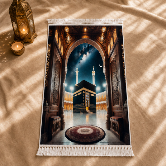 Kâbe Manzaralı 3D Seccade | Dijital Baskılı Lüks Namaz Halısı