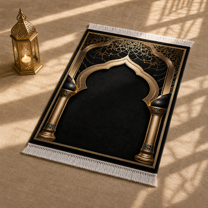 Sultan Mihrab Siyah Seccade | Lüks Kadife Namaz Halısı