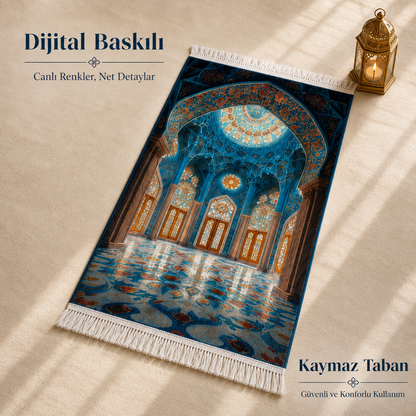 Kubbe Mihrab Mavi 3D Seccade | Dijital Baskılı Namaz Halısı