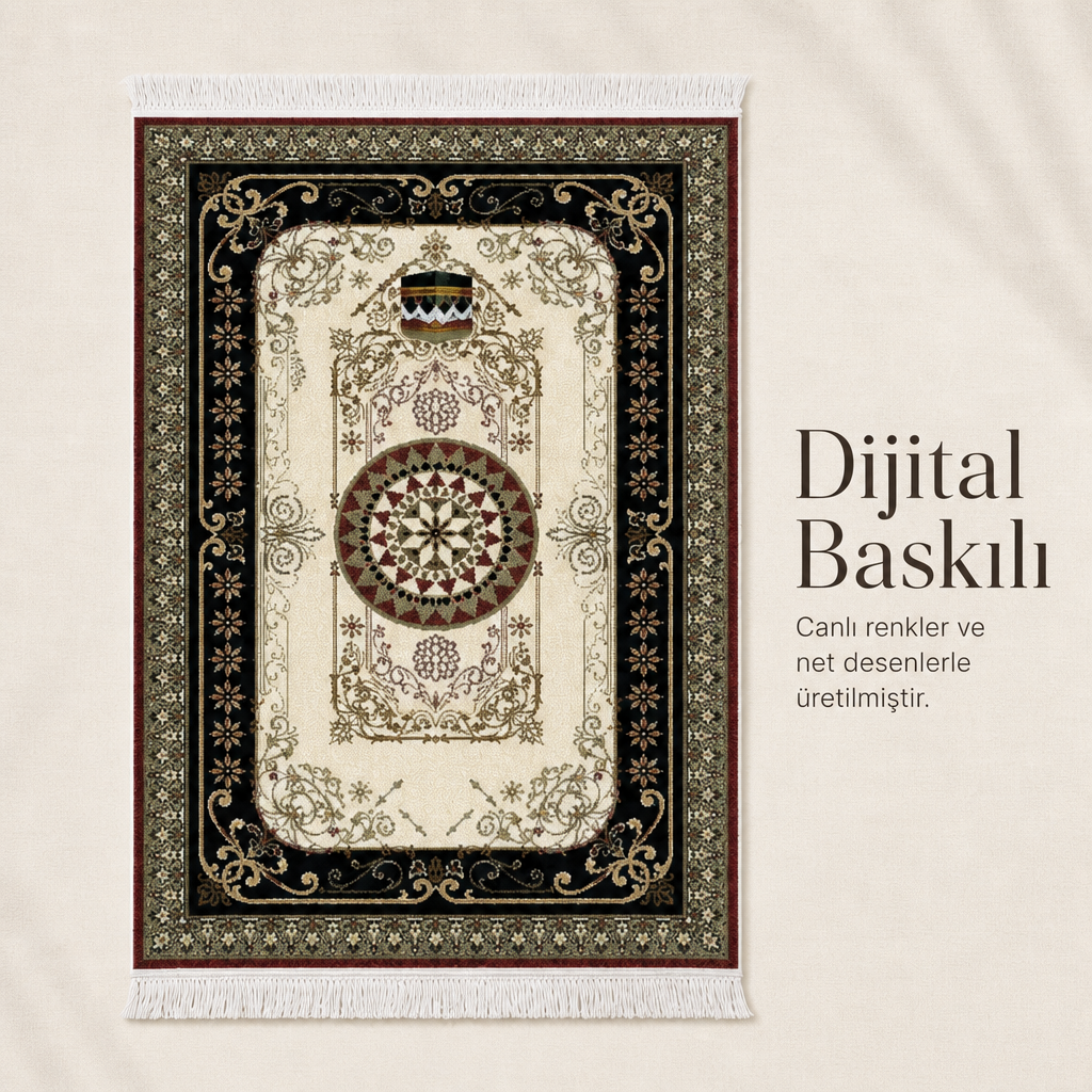 Kâbe Motifli Saray Krem Seccade | Dijital Baskılı Klasik Namaz Halısı