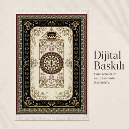 Kâbe Motifli Saray Krem Seccade | Dijital Baskılı Klasik Namaz Halısı
