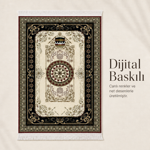 Kâbe Motifli Saray Krem Seccade | Dijital Baskılı Klasik Namaz Halısı