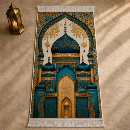 Kubbeli Cami Turkuaz Seccade | Dijital Baskılı Lüks Namaz Halısı