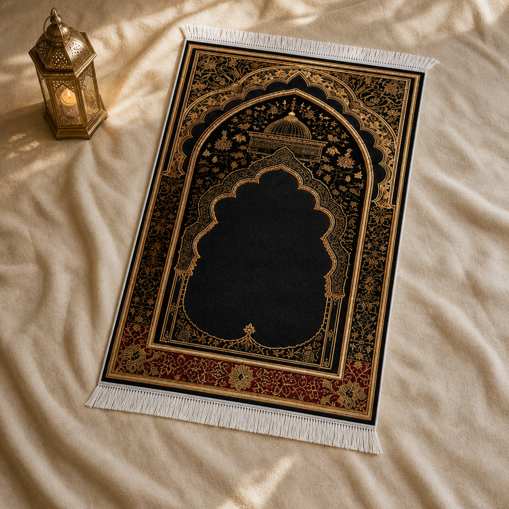 Bordo Mihrab Siyah Seccade | Klasik Dokuma Desenli Namaz Halısı