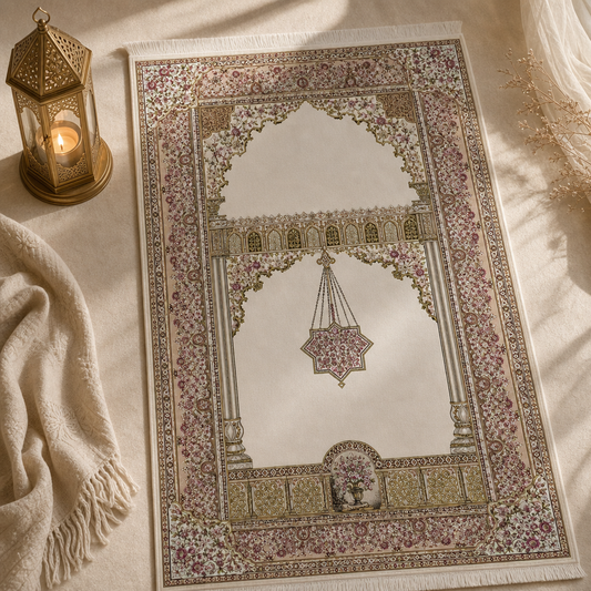 Nazende Mihrab Krem Seccade | Dijital Baskılı Klasik Namaz Halısı