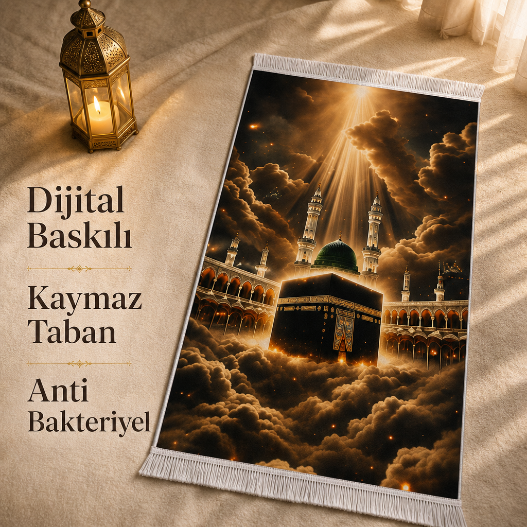 Kâbe ve Ravza Manzaralı 3D Seccade | Dijital Baskılı Namaz Halısı