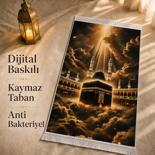 Kâbe ve Ravza Manzaralı 3D Seccade | Dijital Baskılı Namaz Halısı
