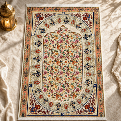 Gülbahçe Mihrab Krem Seccade | Dijital Baskılı Çiçekli Namaz Halısı