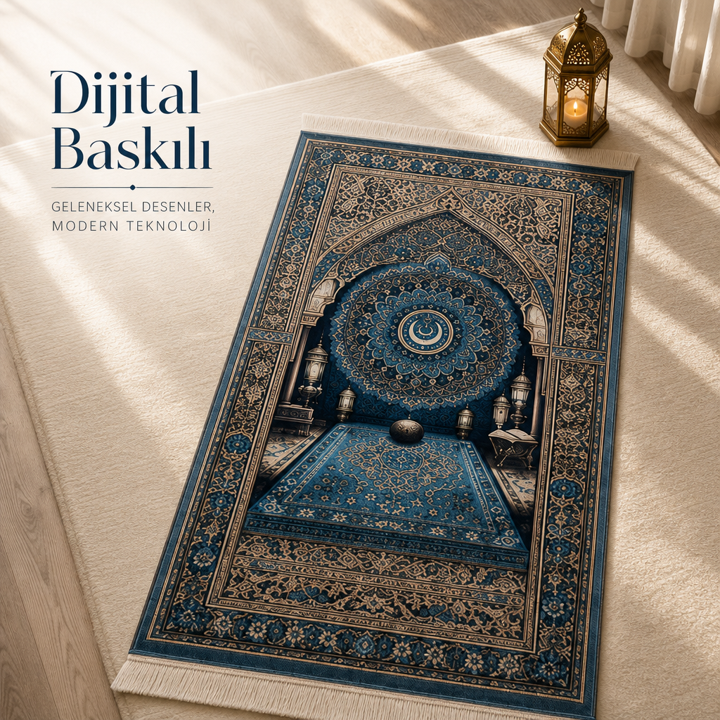 Hilal Mihrab Mavi 3D Seccade | Dijital Baskılı Lüks Namaz Halısı