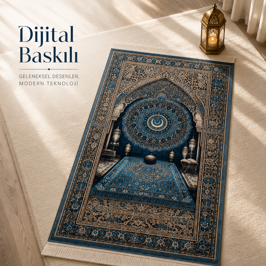 Hilal Mihrab Mavi 3D Seccade | Dijital Baskılı Lüks Namaz Halısı