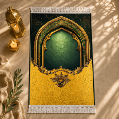 Amber Mihrab Yeşil Sarı Seccade | Lüks Kadife Namaz Halısı