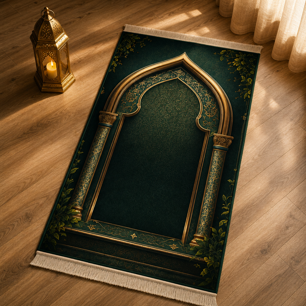 Cennet Bahçesi Mihrab Yeşil Seccade | Lüks Kadife Namaz Halısı
