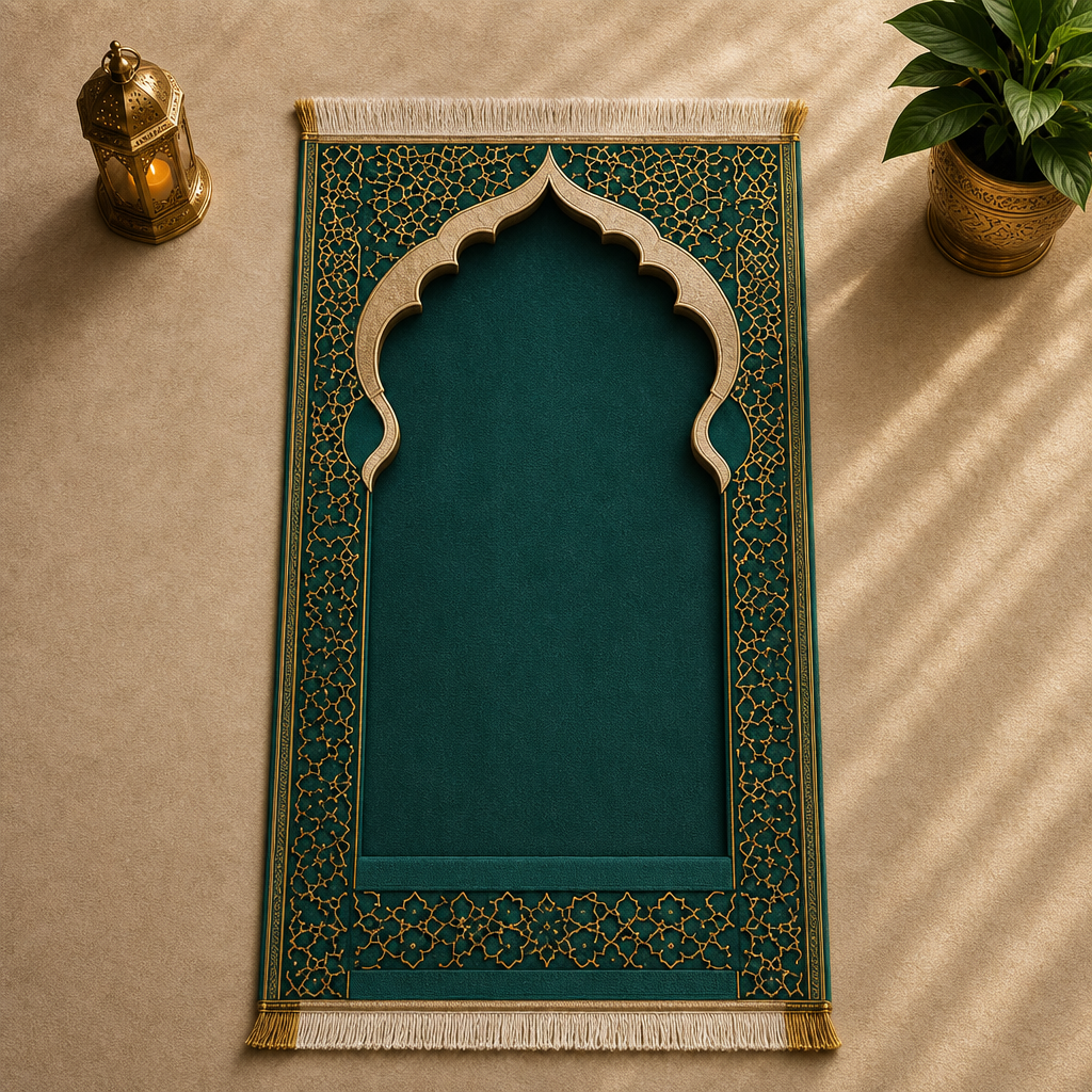 Girih Mihrab Yeşil Seccade | Lüks Kadife Namaz Halısı