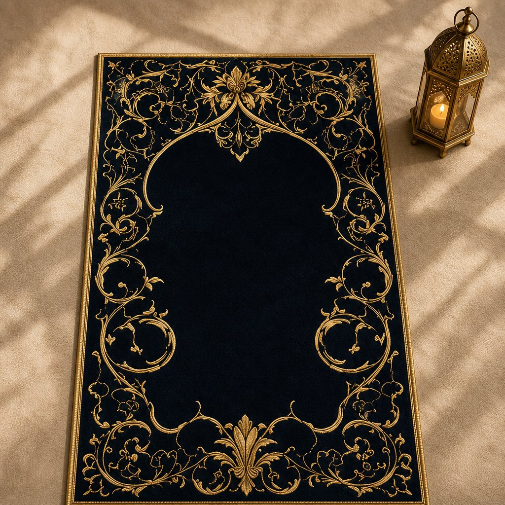 Altın Rumi Lacivert Seccade | Lüks Kadife Namaz Halısı