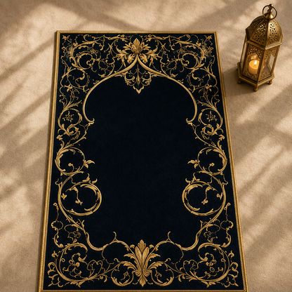 Altın Rumi Lacivert Seccade | Lüks Kadife Namaz Halısı
