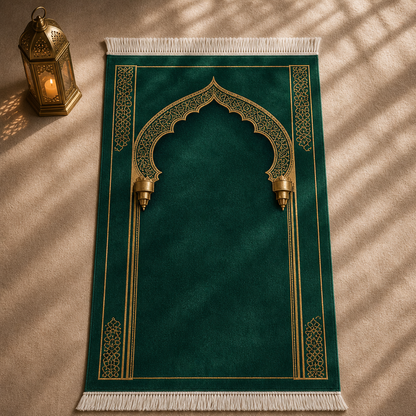 Zümrüt Mihrab Yeşil Seccade | Lüks Kadife Namaz Halısı
