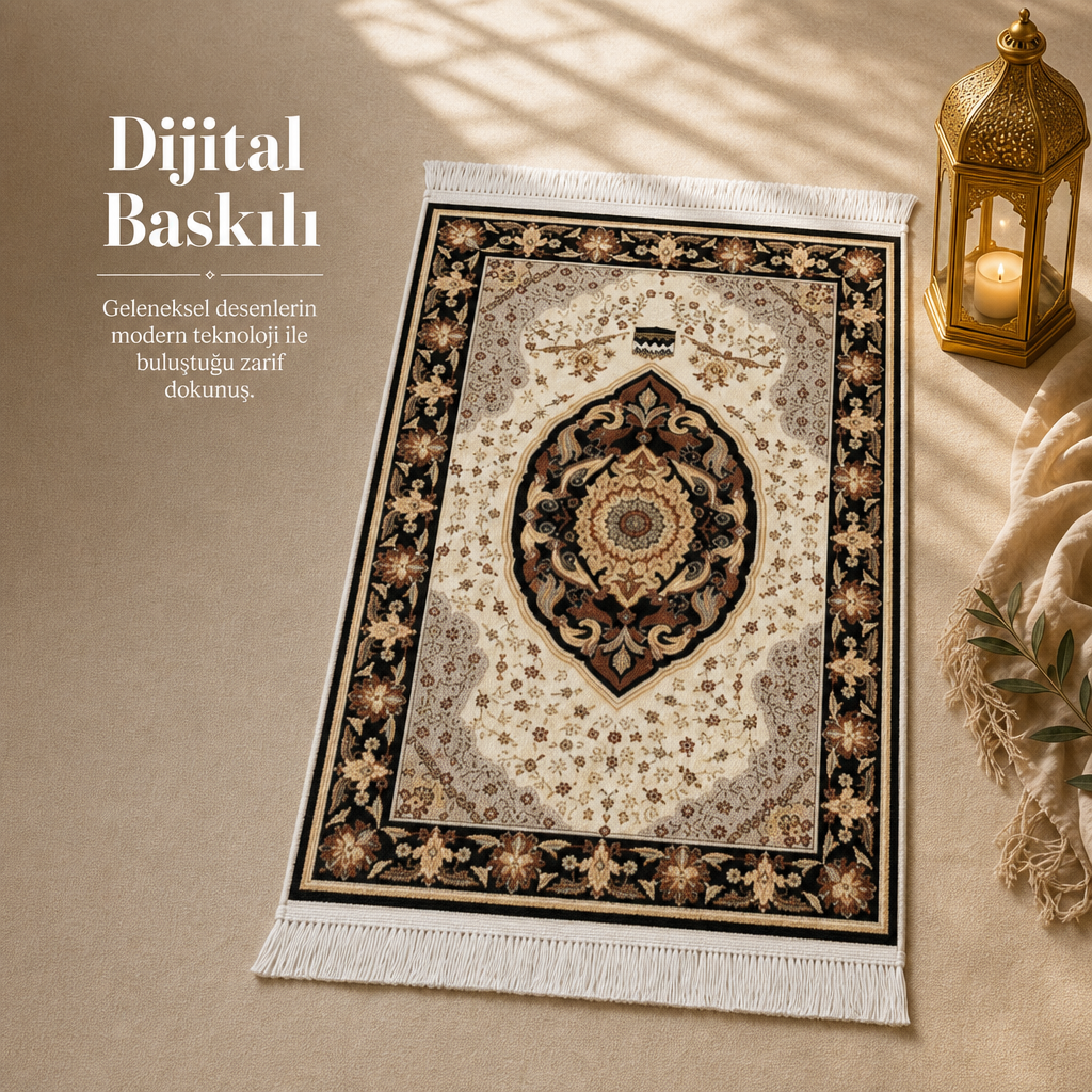 Kâbe Motifli Madalyon Krem Seccade | Dijital Baskılı Klasik Namaz Halısı